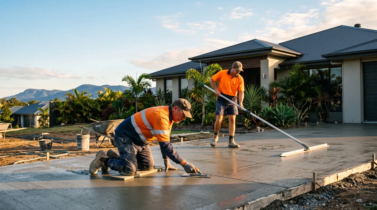 Rockhampton Concreting Co team finishing a concrete driveway at a Central Queensland home